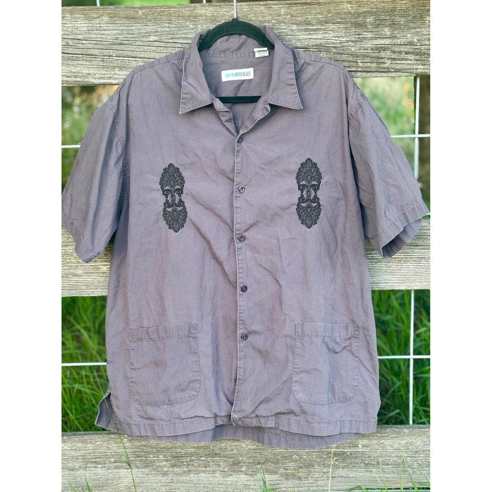 Canyon River Blues Embroidered Camp Shirt XL Gray‎ Cotton Button Front